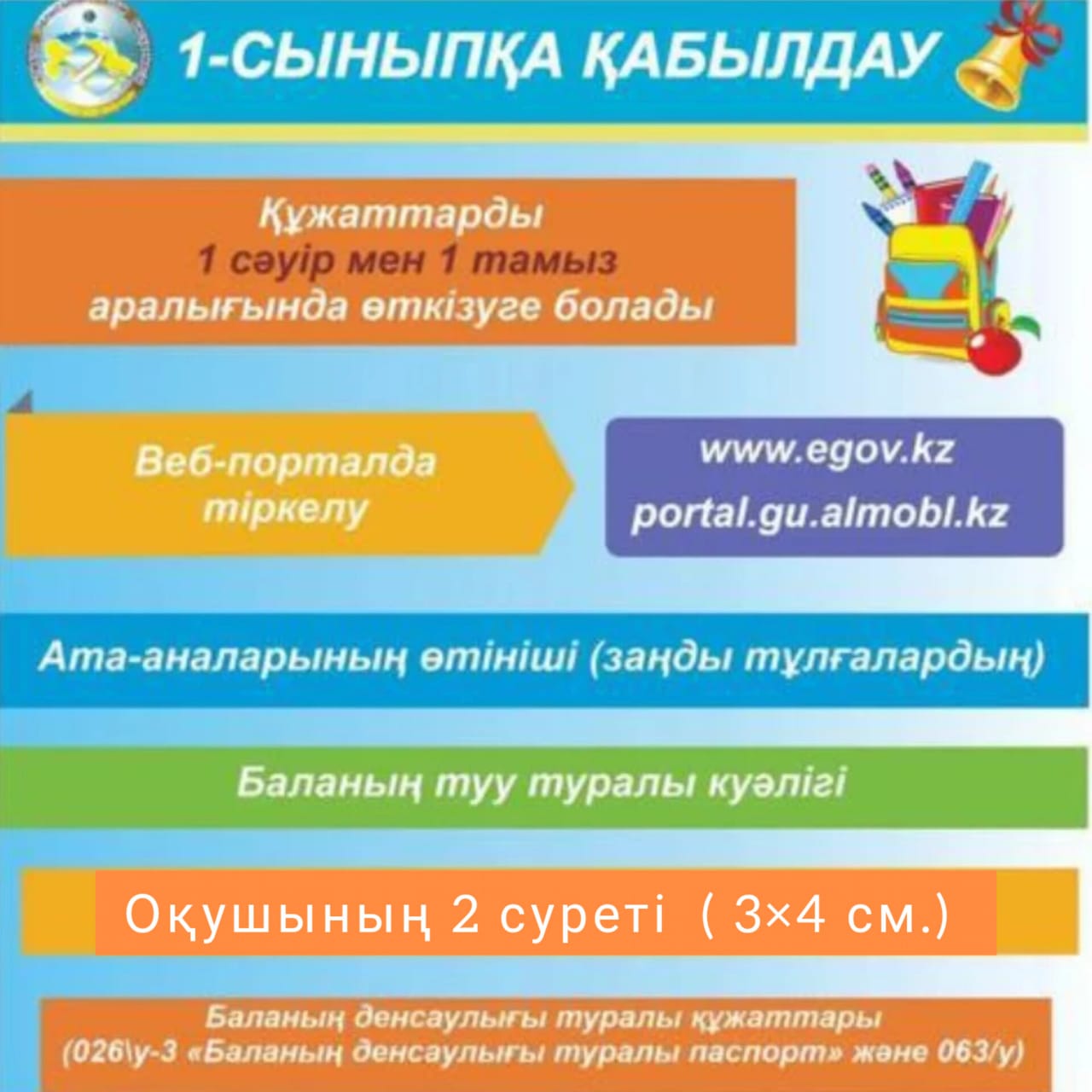 1-ші сәуірден бастап 1 сыныпқа құжаттар қабылдау басталады.