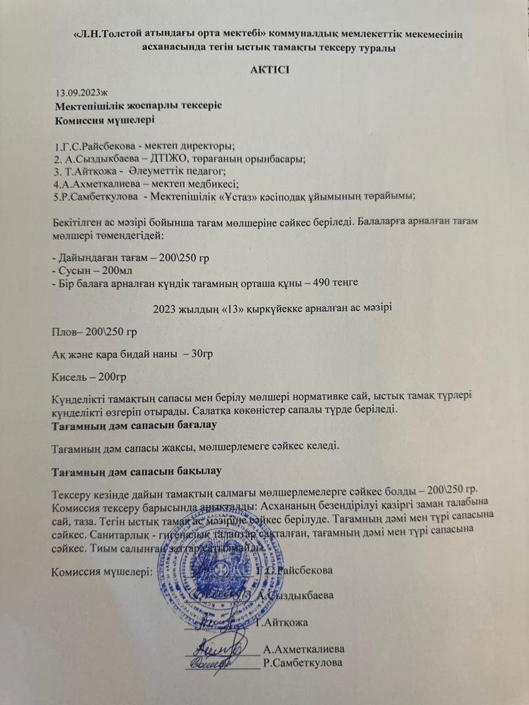 Ыстық тамақты тексеру туралы акті