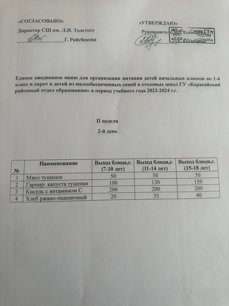 Сейсенбі күнінің ас мәзірі.