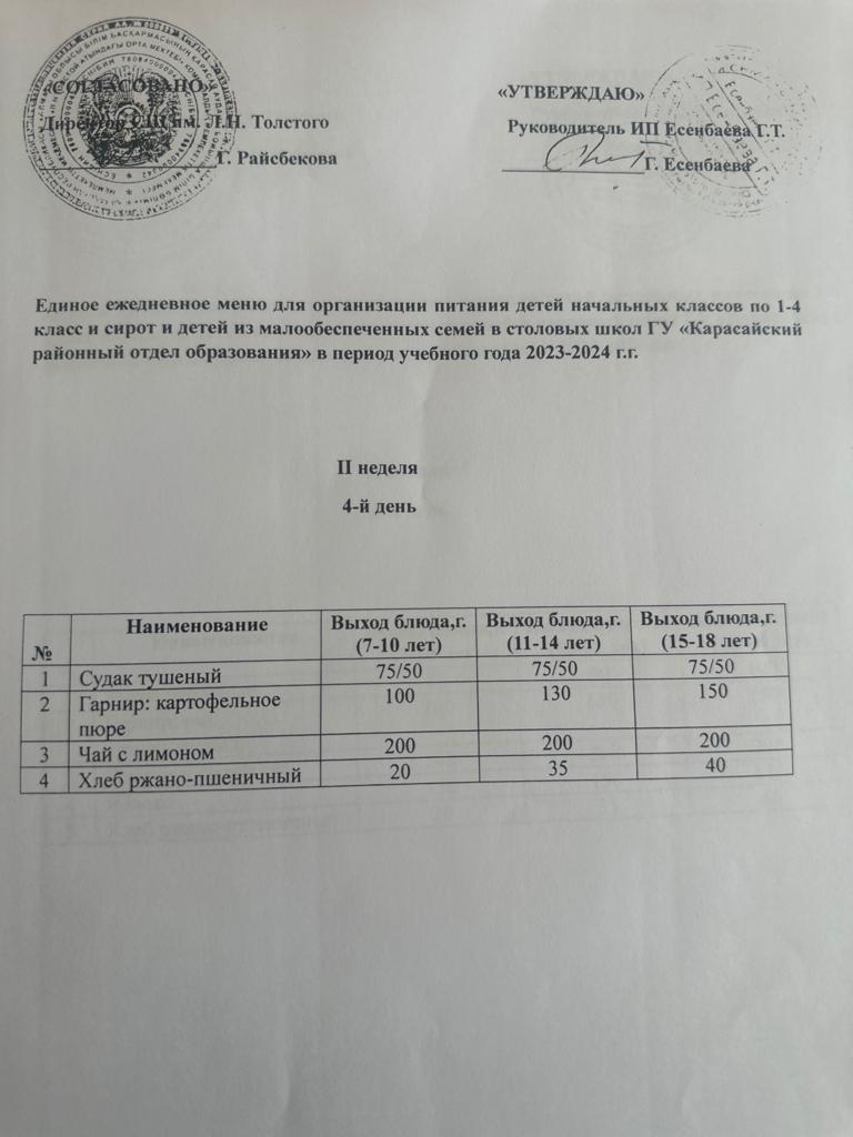 Бейсенбі күнінің ас мәзірі.